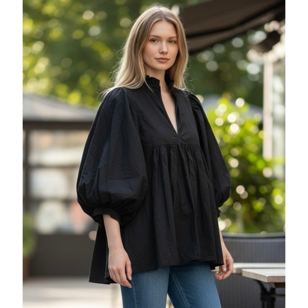Never A Wallflower Blouse sz L Black Puff Sleeve Ruffle old money Victorian
